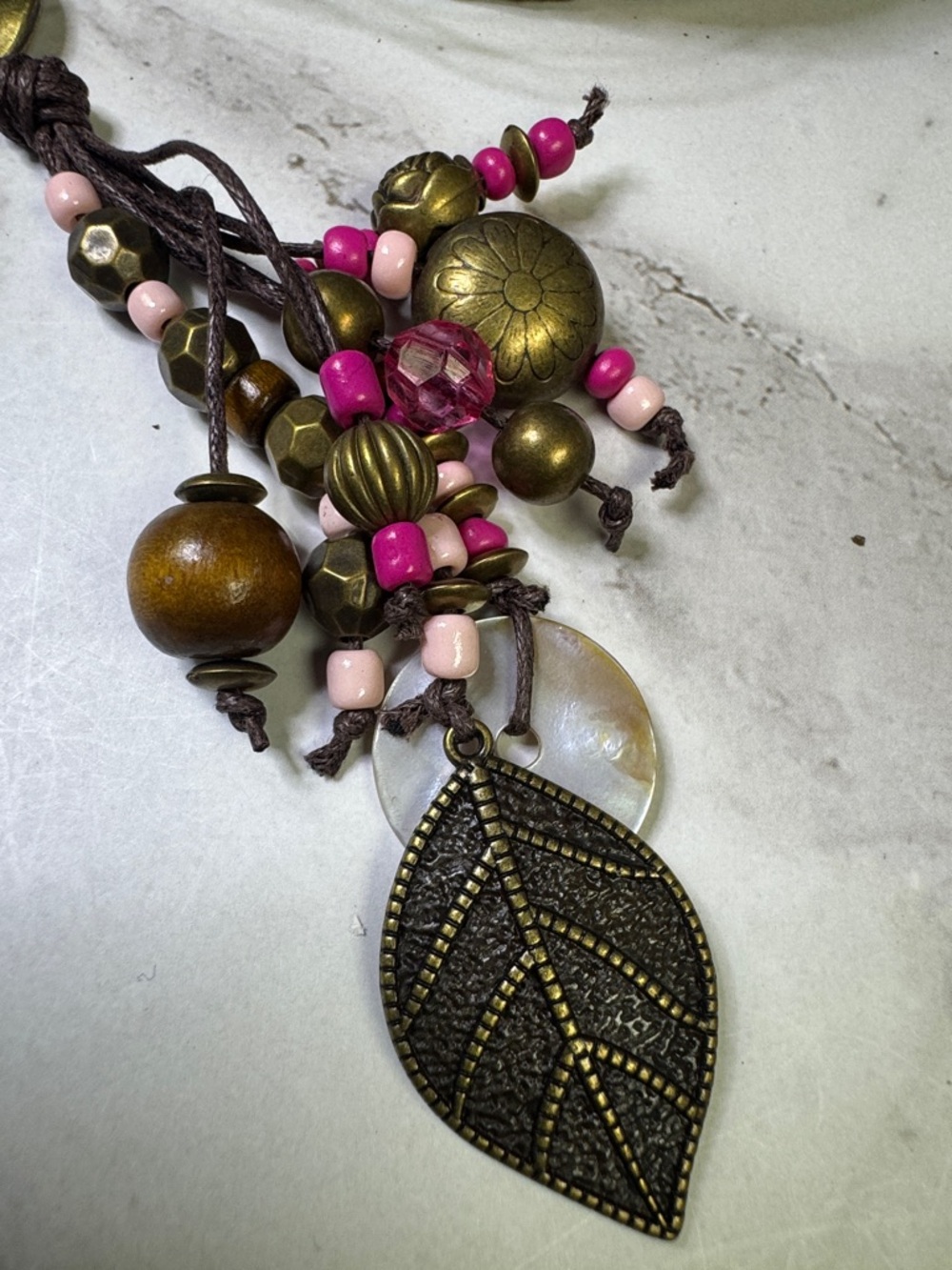paparazzi Pink and Bronze Beaded Boho Leaf Long Necklace with Earrings - Picture 2 of 3